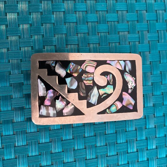 Vintage Silver Tone Abalone Stone Inlay Belt Buckle Mexico - Picture 2 of 9